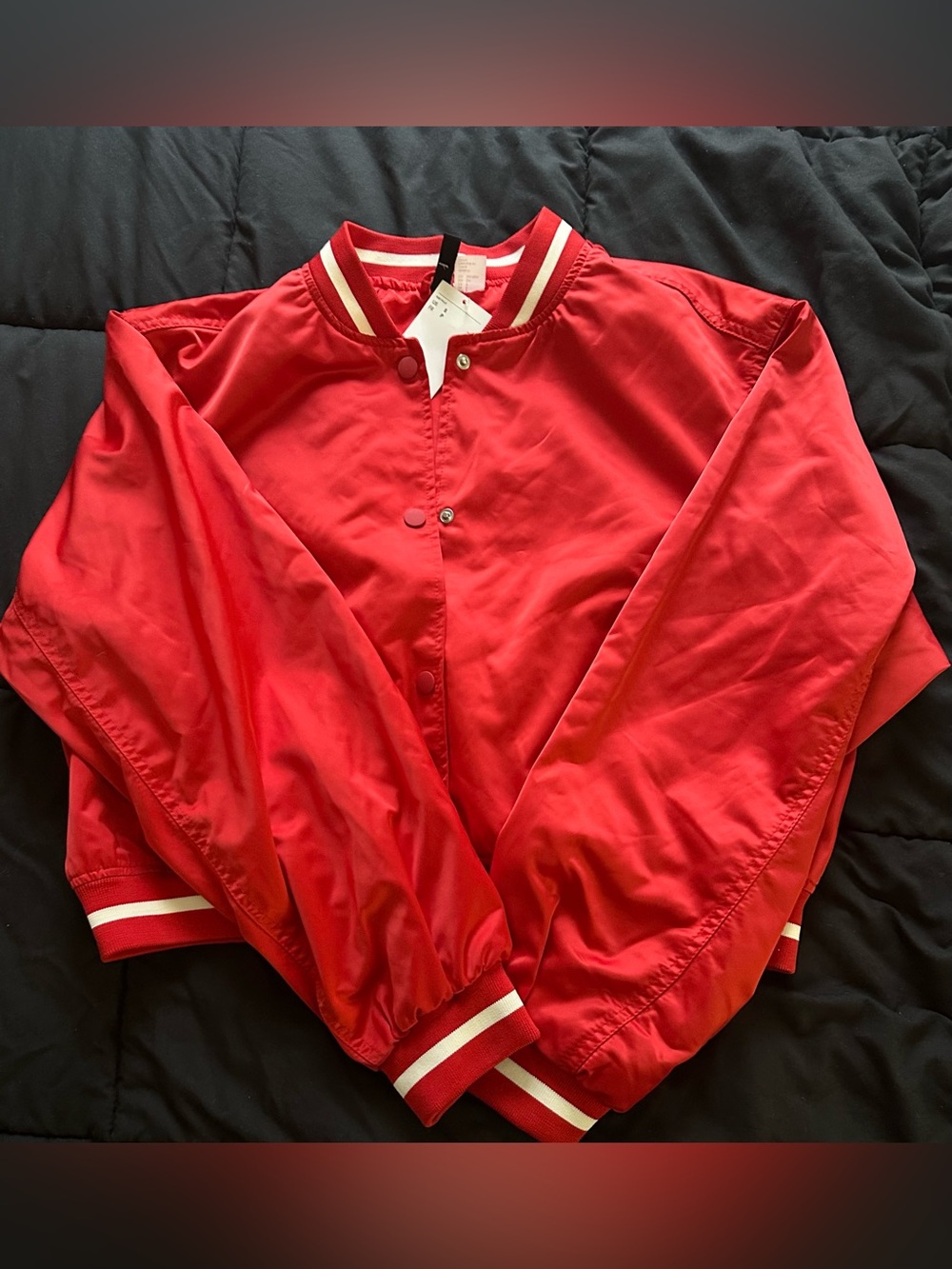 H&M Classic Red Bomber Jacket with Striped Trim